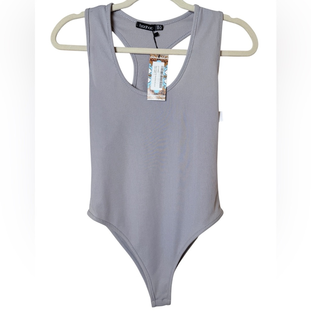 NWT Boohoo Grey Marl Basic Plunge Rib Sleeveless Bodysuit - Size 8